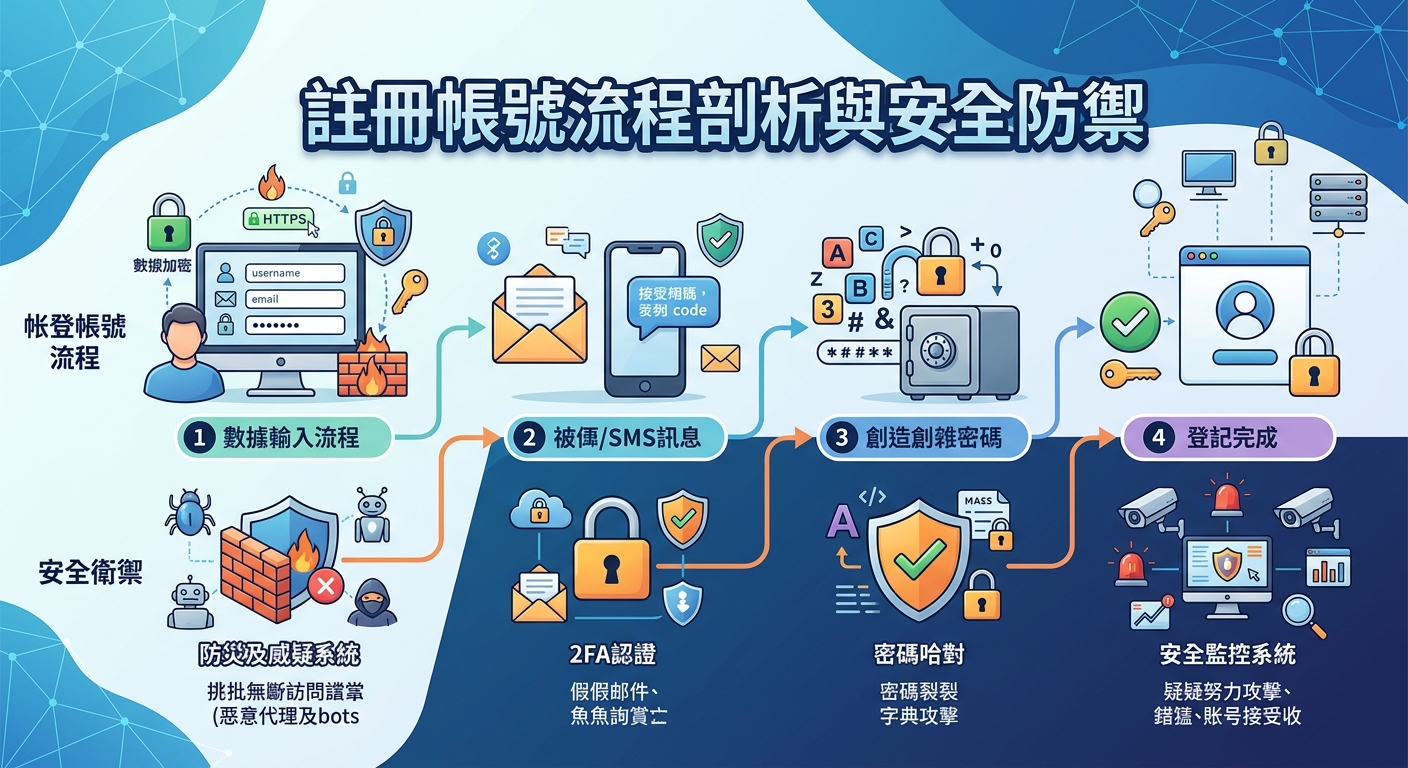 一張包含網路安全與帳號註冊流程解析的現代感資訊圖表,呈現輸入資料、簡訊驗證與密碼說明的步驟。 上方呈現主題標題「註冊帳號流程剖析與安全防禦」,結合防火牆、加密鎖頭與伺服器等視覺元素。