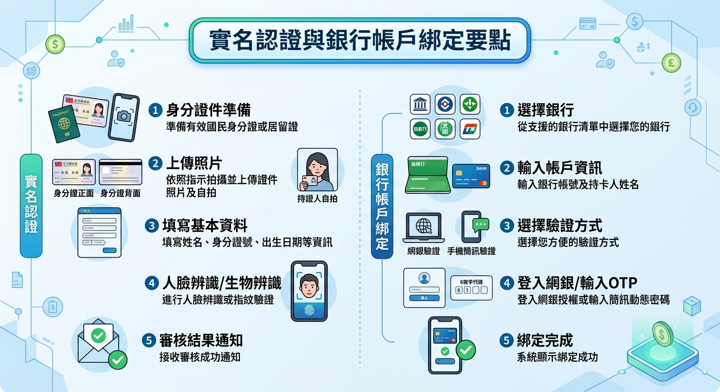 一張關於實名認證與銀行帳戶綁定要點的繁體中文資訊圖表,採用簡潔現代的藍綠色調風格。 畫面左側展示身份證件上傳與生物辨識流程,右側則圖解選擇銀行及輸入OTP驗證碼的步驟。